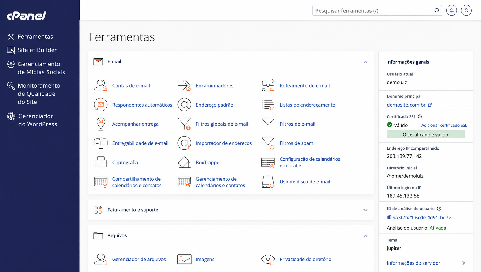 Painel cPanel para gerenciar recursos da hospedagem WordPress
